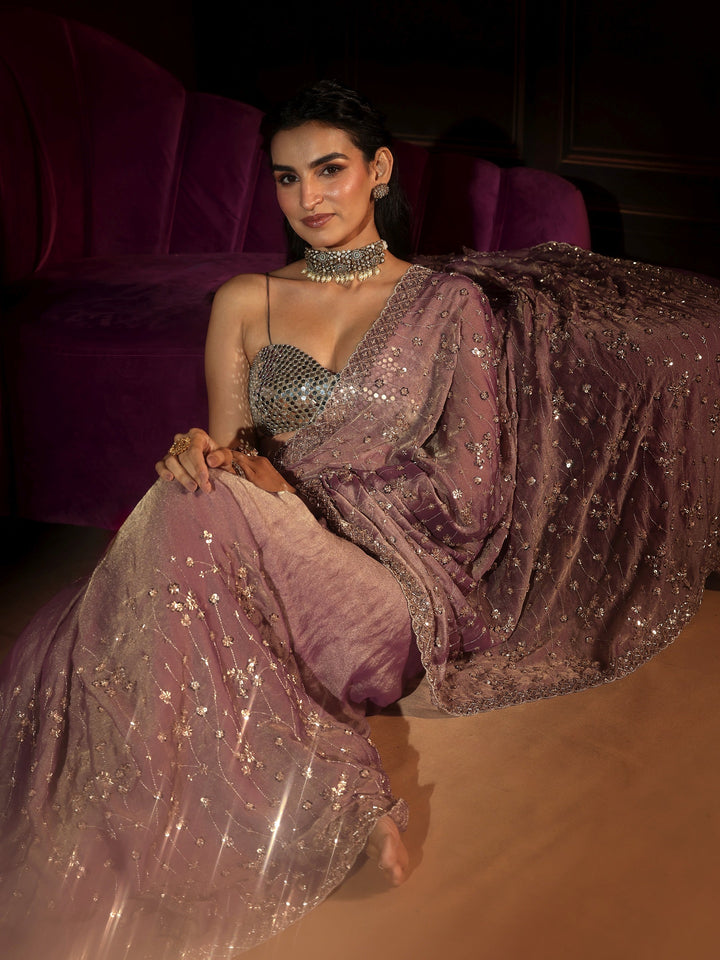 Libas Art Dusty Lavender Embellished Tissue Saree