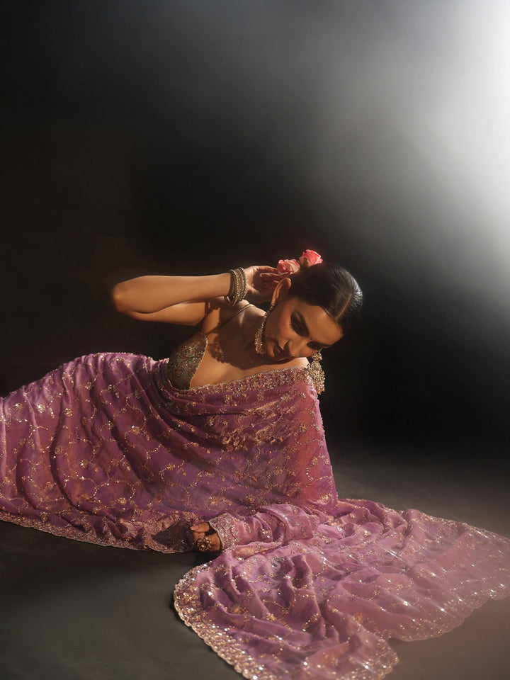 Libas Art Dusty Lavender Sequins Embellished Tissue Saree