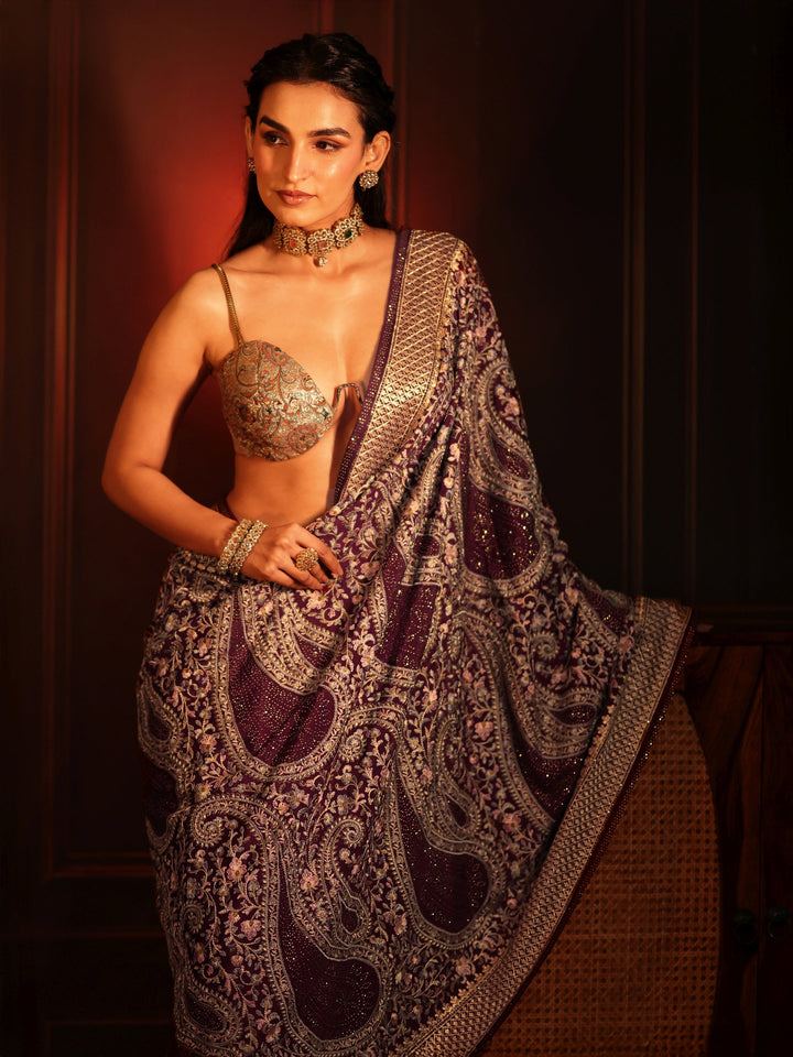 Libas Art Dusty Maroon Paisley Embroidered Georgette Saree