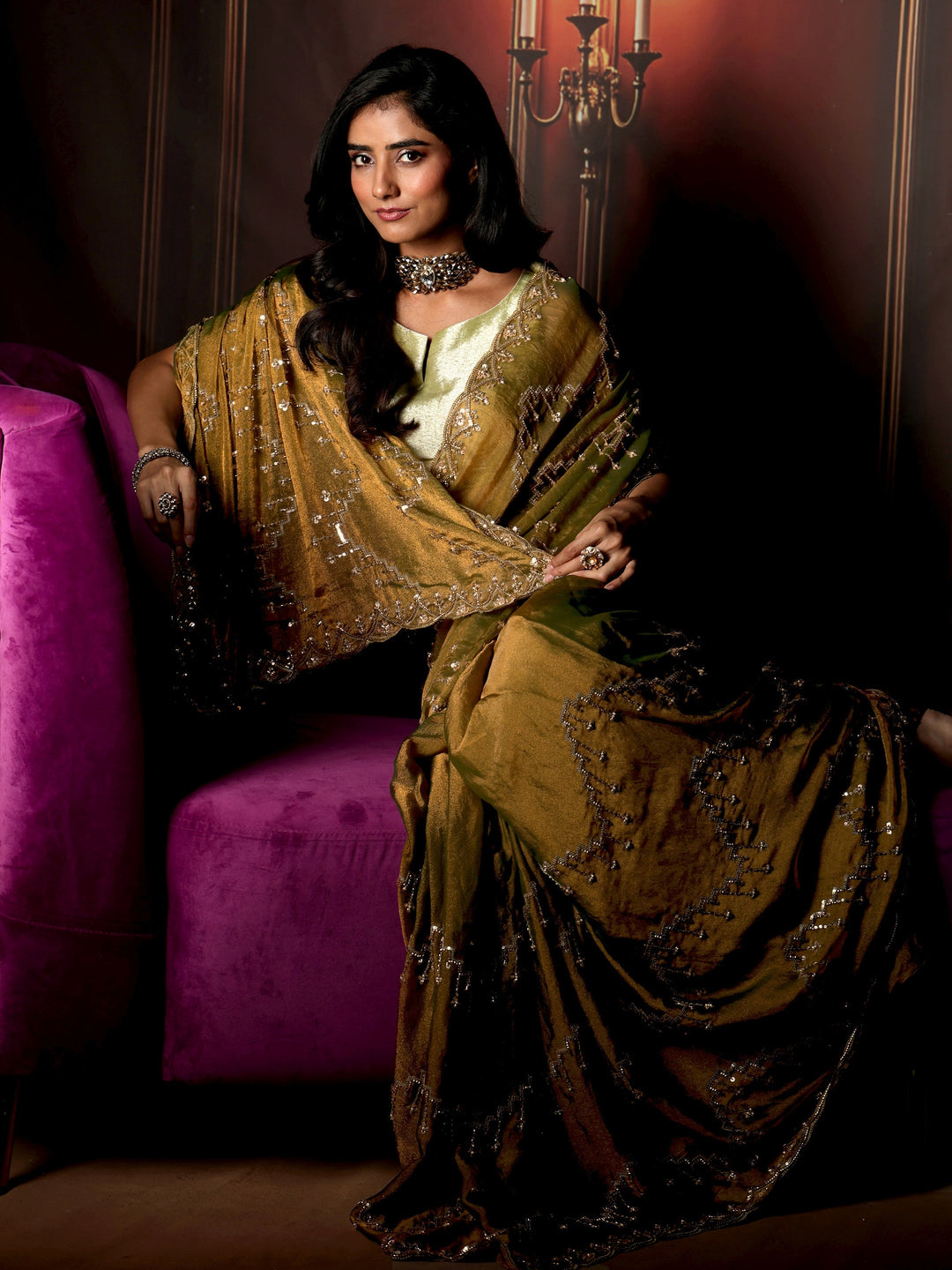 Libas Art Dusty Olive Green Embellished Tissue Saree