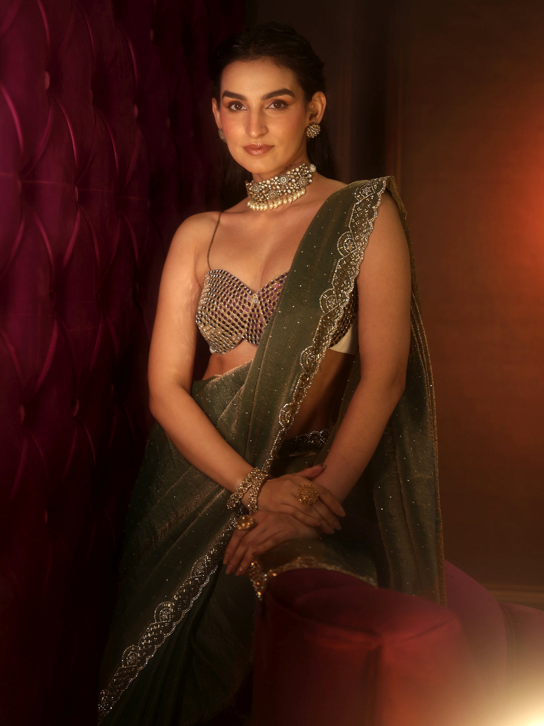 Libas Art Dusty Olive Green Embellished Tissue Saree