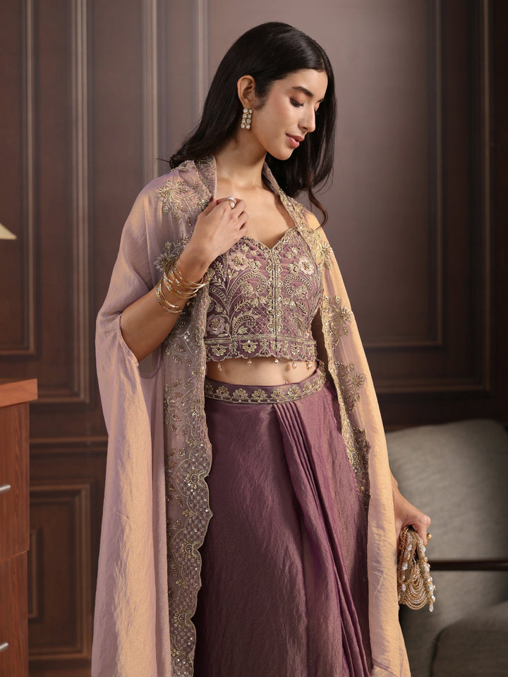 Libas Art Dusty Pink Embellished Cape and Draped Skirt Tissue Co-Ord Set