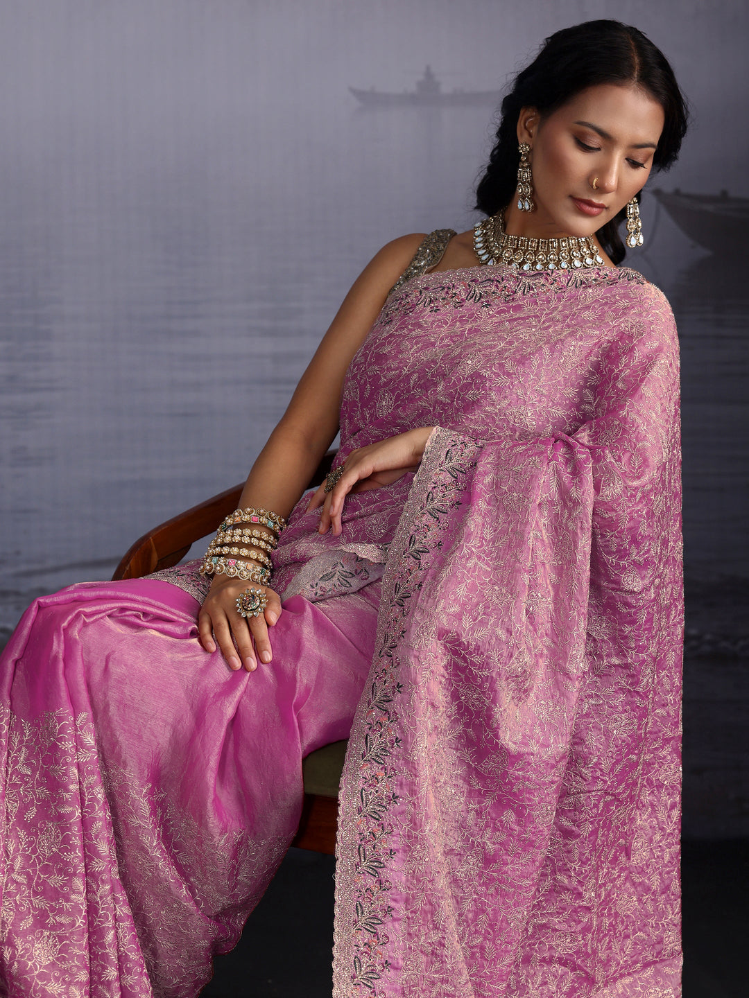 Libas Art Dusty Pink Floral Embroidered Stone Work Tissue Saree