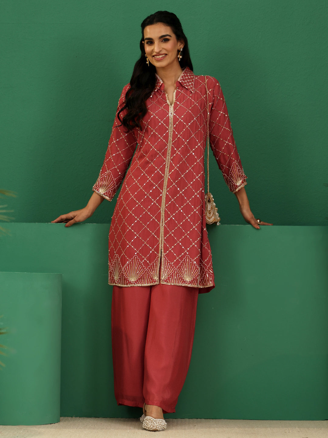 Libas Art Dusty Rose Pink Embellished Chinon Co-Ord Set