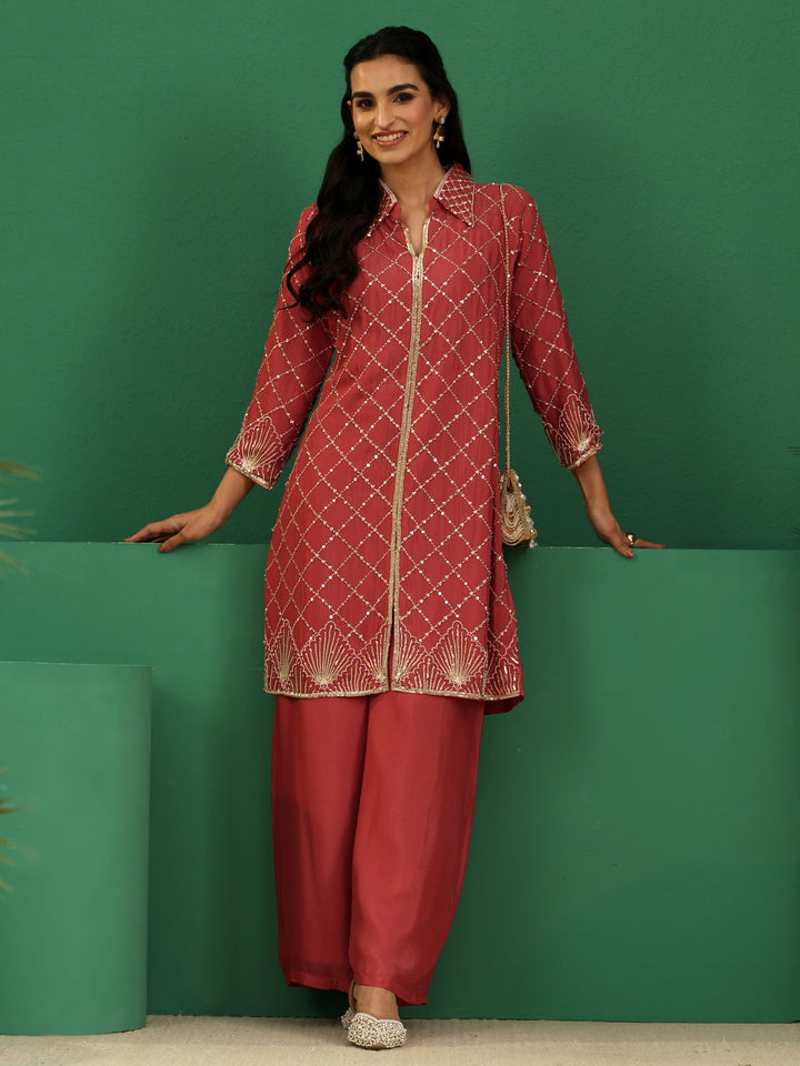Libas Art Dusty Rose Pink Embellished Chinon Co-Ord Set