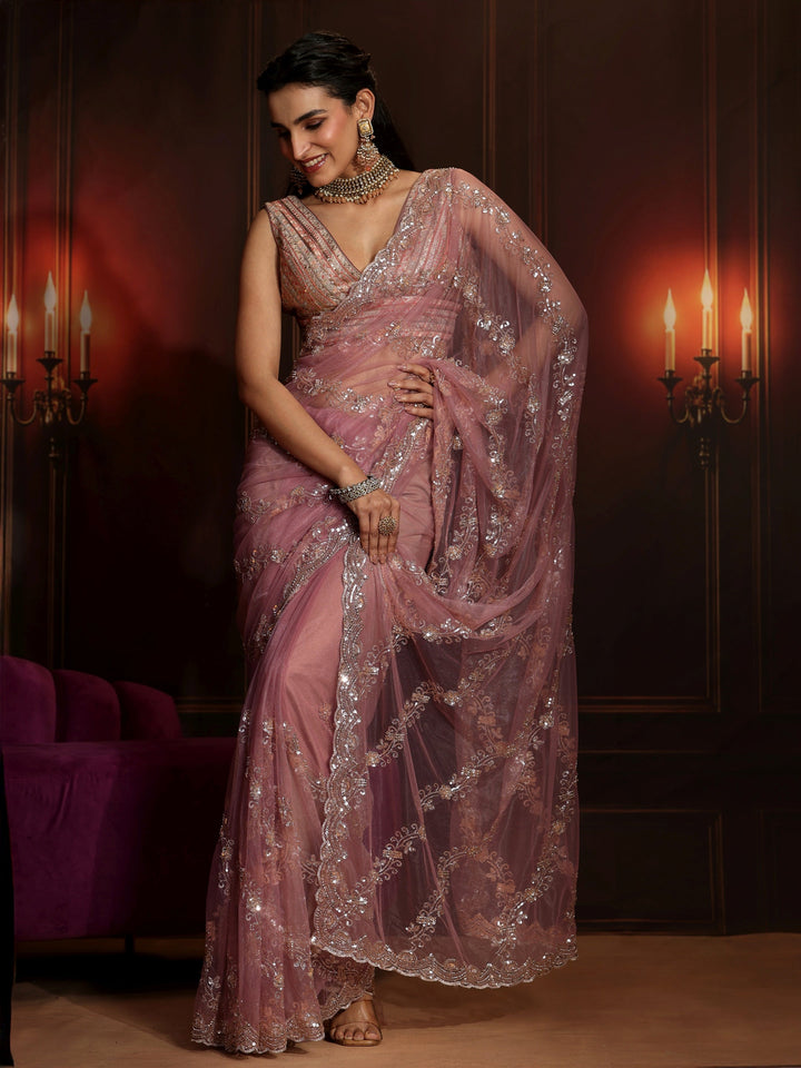 Libas Art Dusty Rose Pink Embellished Net Saree