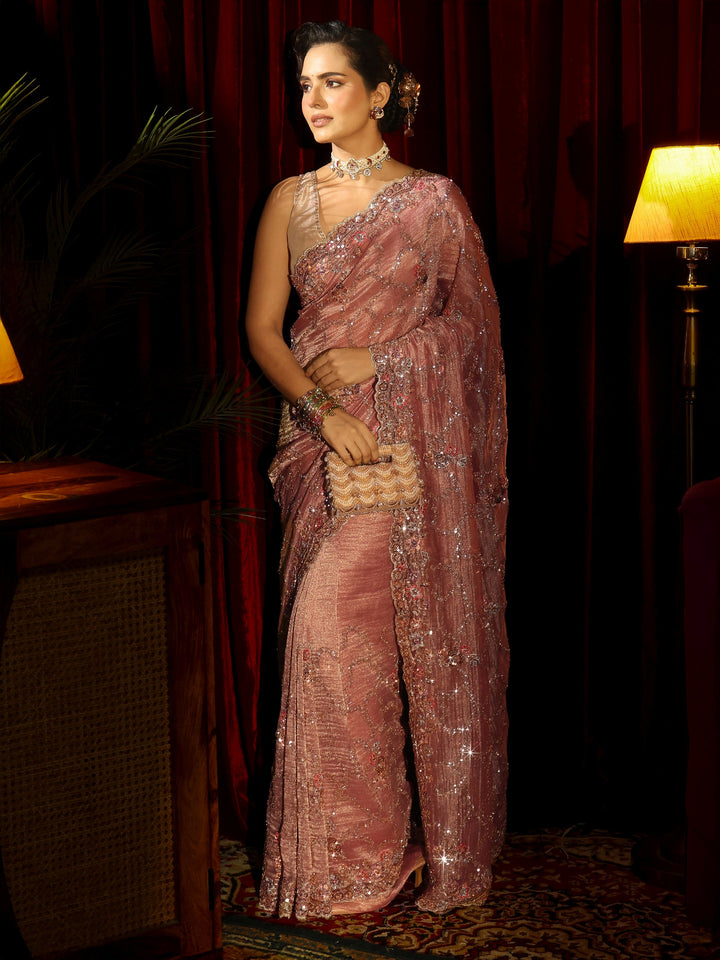 Libas Art Dusty Rose Pink Embellished Tissue Saree