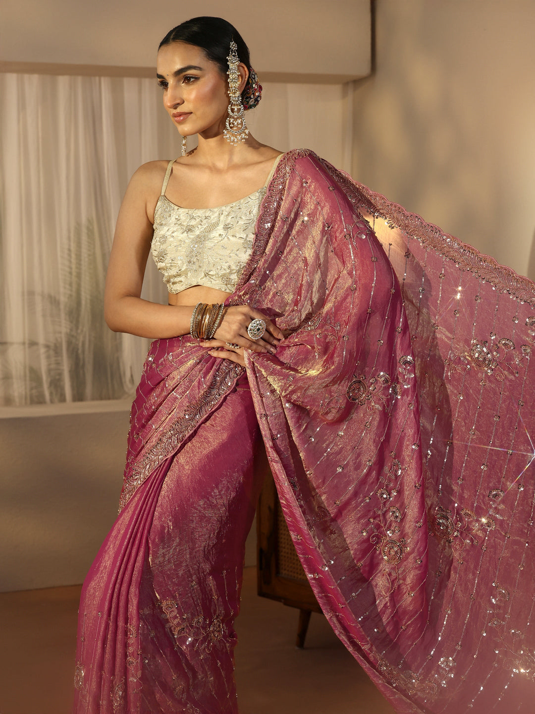 Libas Art Dusty Rose Pink Embellished Tissue Saree