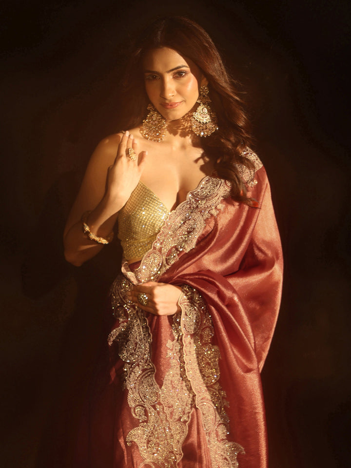 Libas Art Dusty Rose Pink Net Saree with Paisley Border