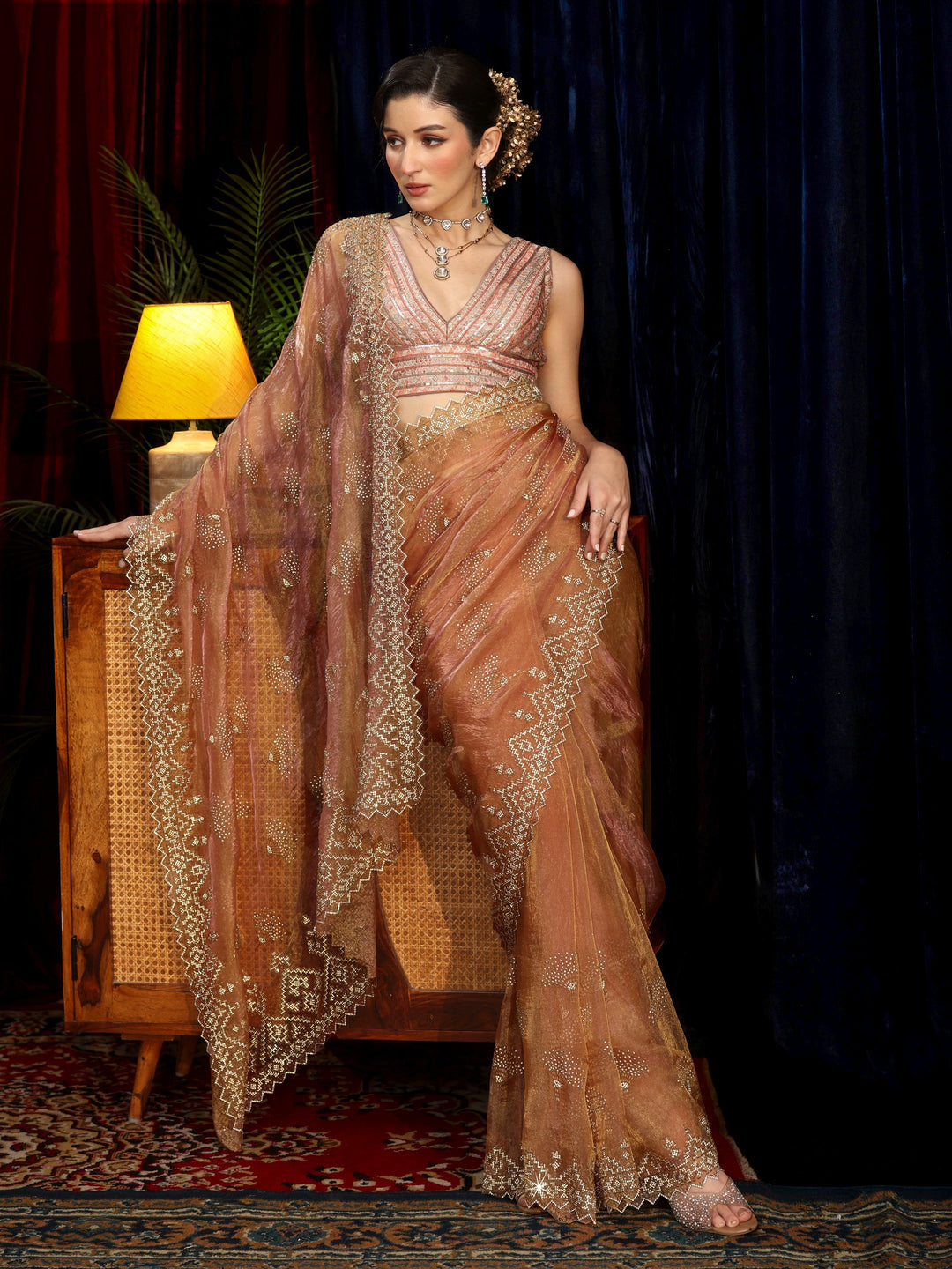 Libas Art Dusty Rose Pink Stone Work Embellished Tissue Saree