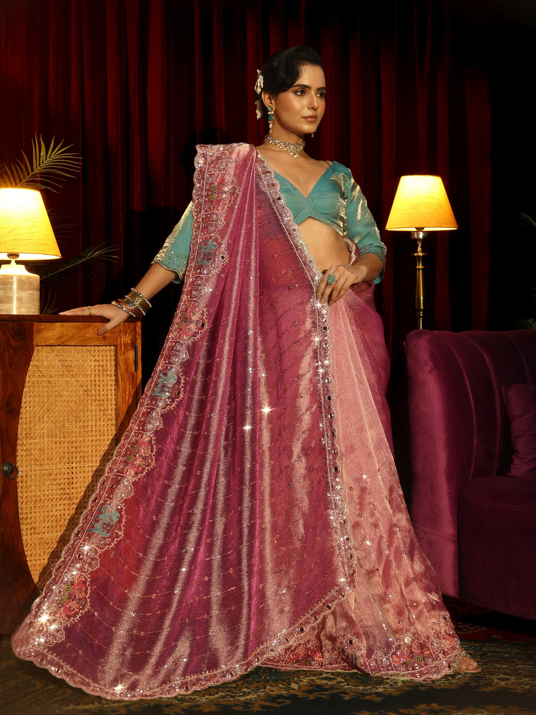 Libas Art Dusty Rose Sequin Embellished Tissue Saree