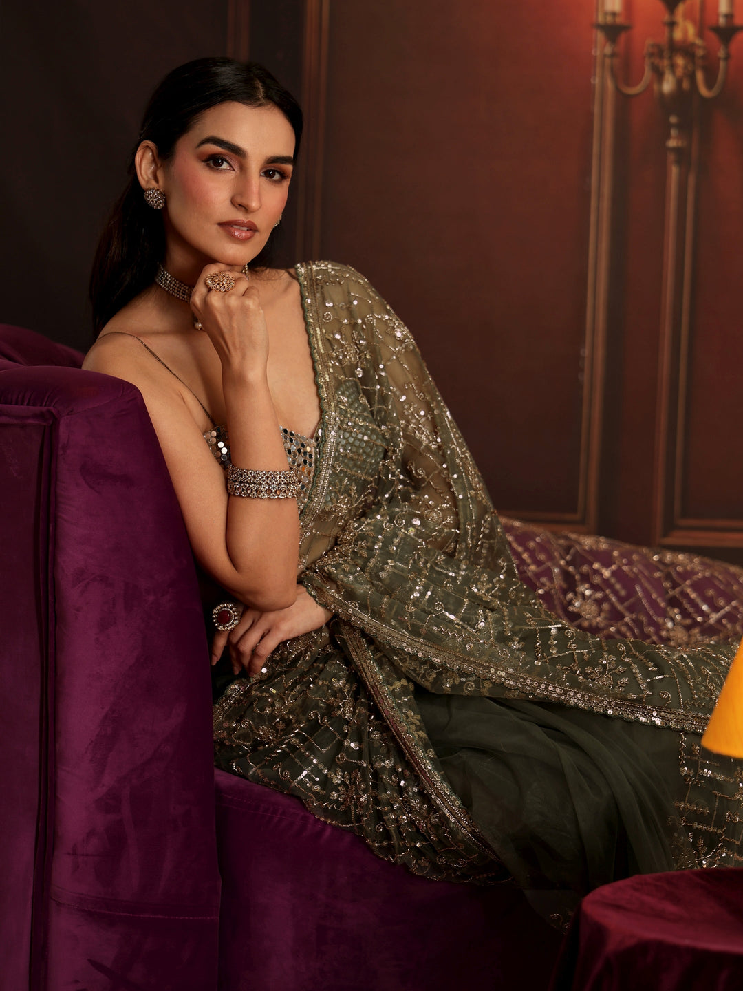 Libas Art Dusty Sage Green Embellished Net Saree