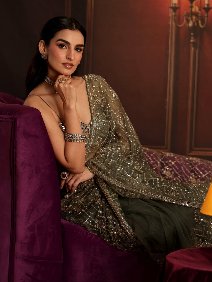Libas Art Dusty Sage Green Embellished Net Saree