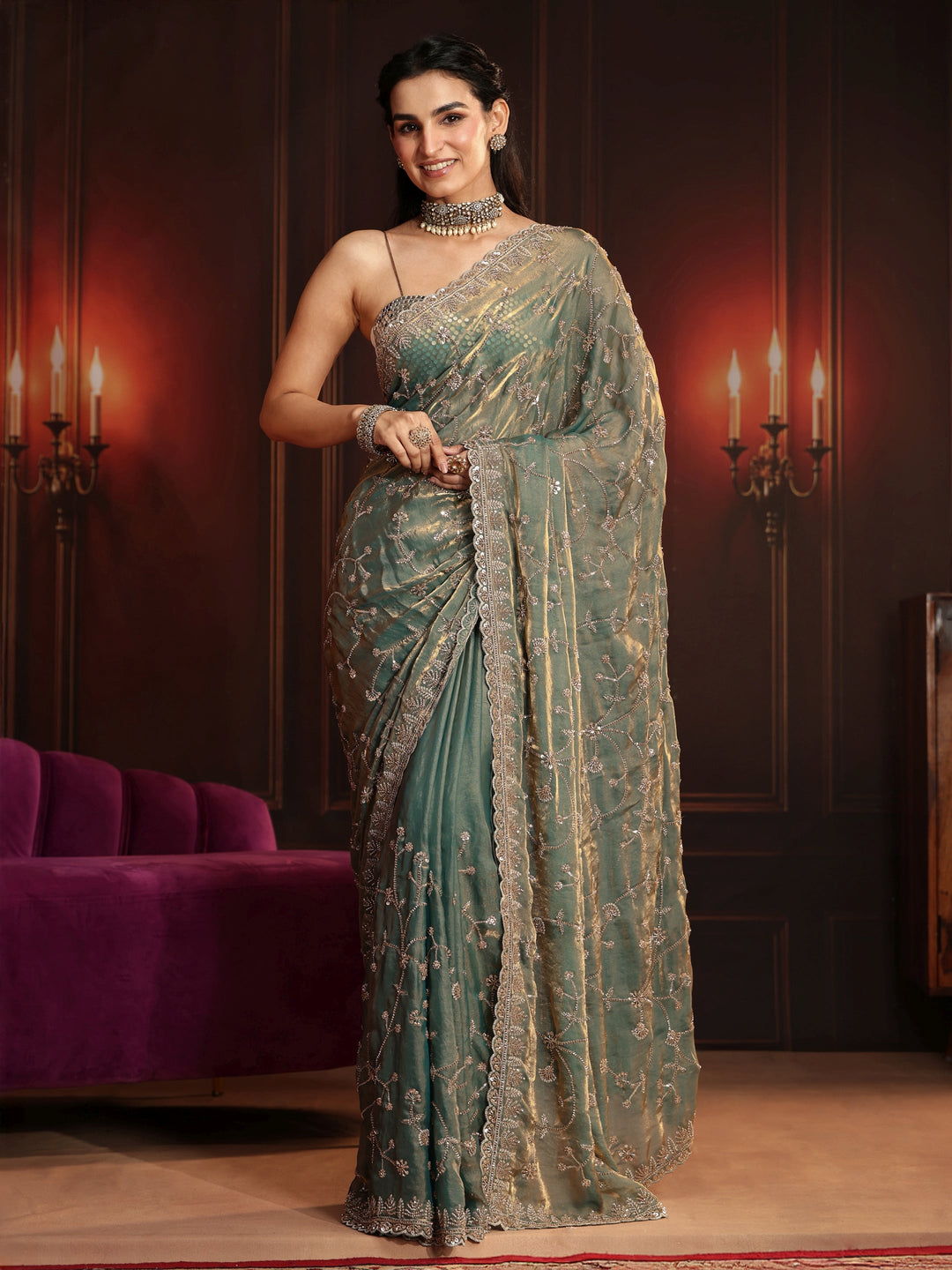 Libas Art Dusty Sea Green Floral Embellished Tissue Saree