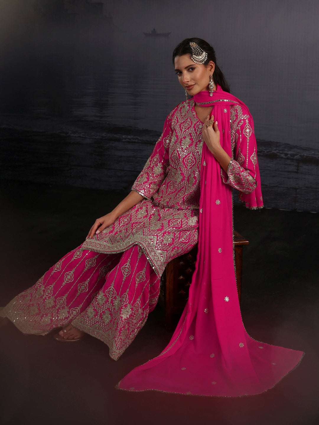 Libas Art Fuchsia Pink Dabka Work Chinon Palazzo Suit Set