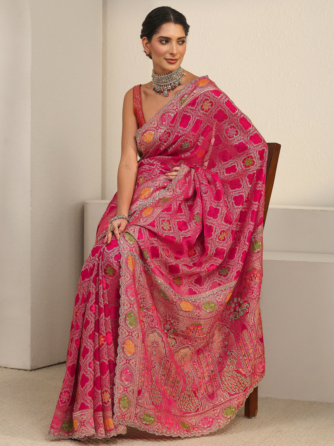 Libas Art Fuchsia Pink Embellished Chiffon Saree