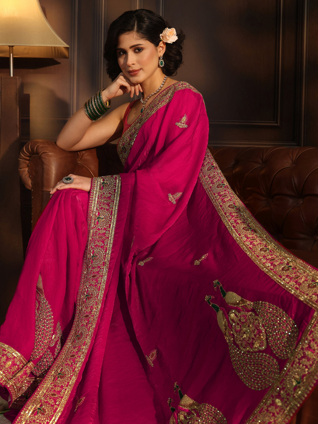 Libas Art Fuchsia Pink Embroidered Tissue Saree with Embellished Border