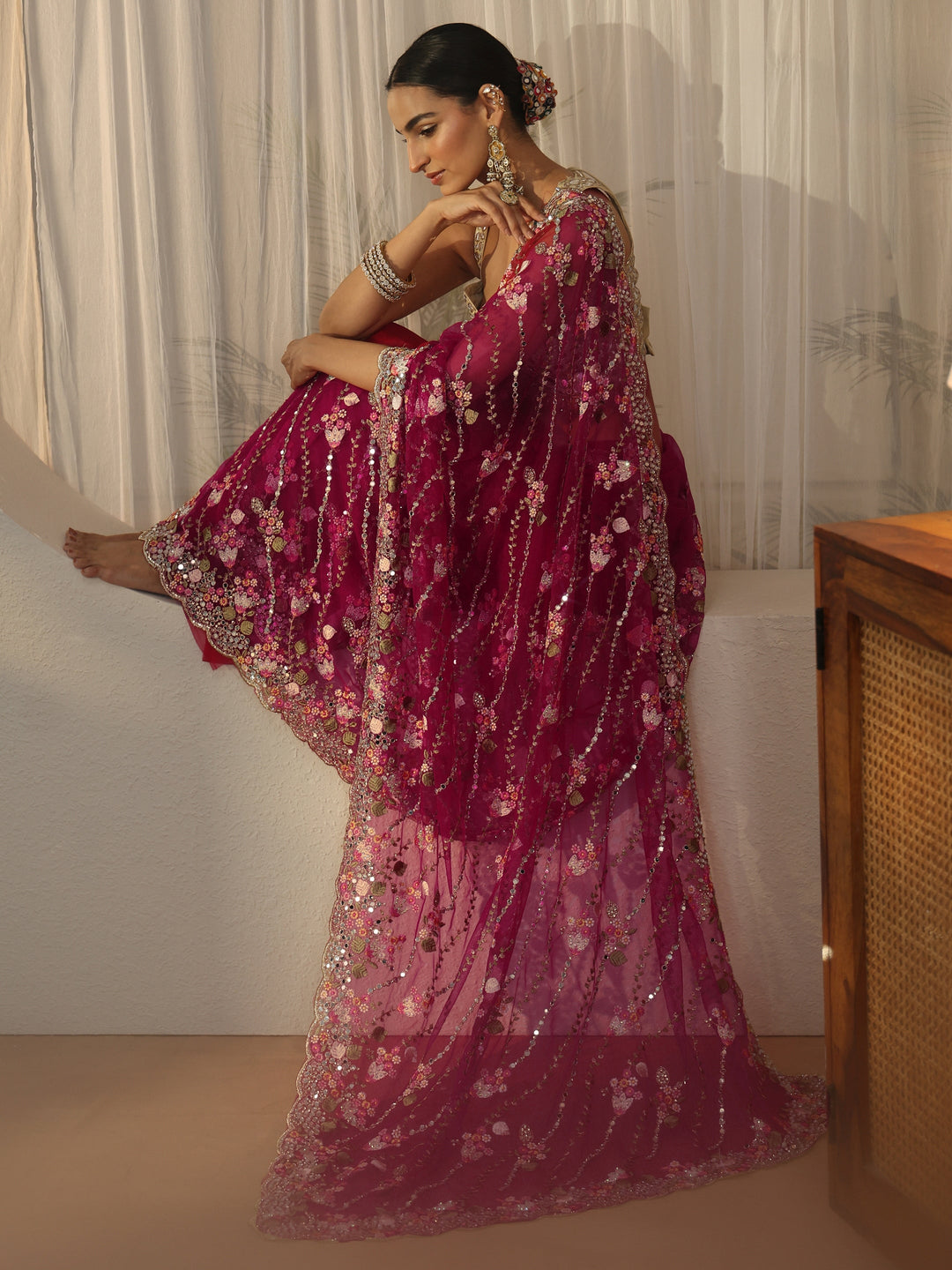 Libas Art Fuchsia Pink Floral Embellished Net Saree