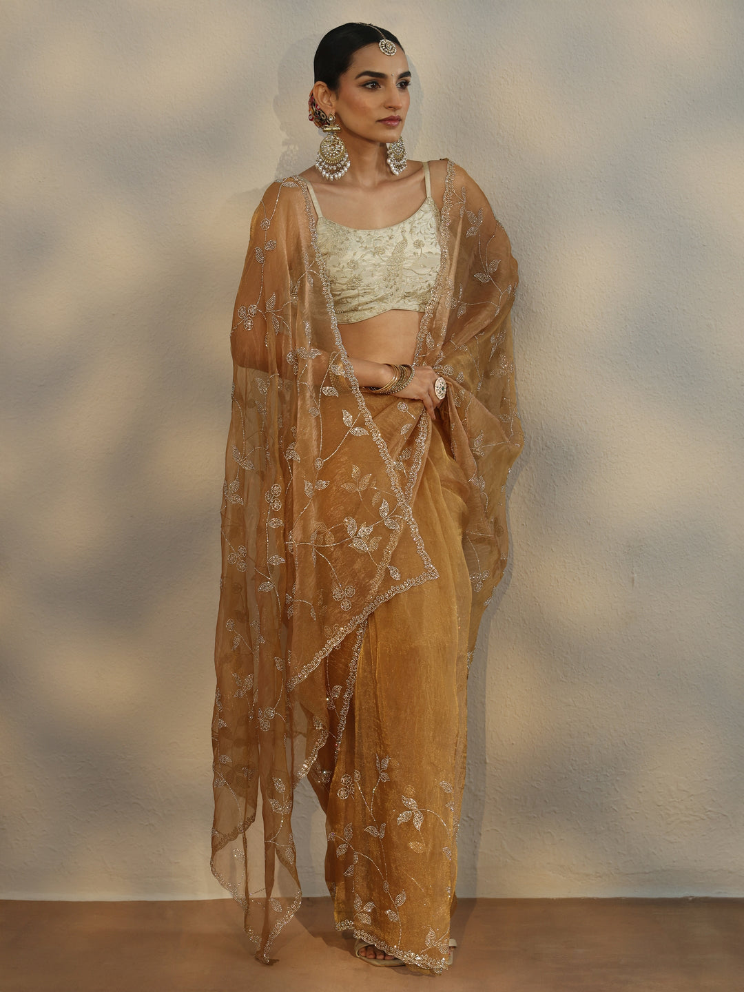Libas Art Gold Floral Embellished Tissue Saree