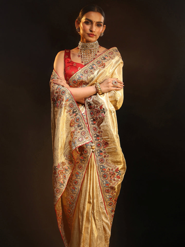 Libas Art Gold Silk Blend Saree with Embroidered Border