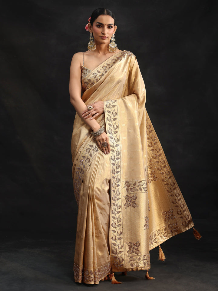 Libas Art Gold Silk Blend Saree with Stone Embellished Border