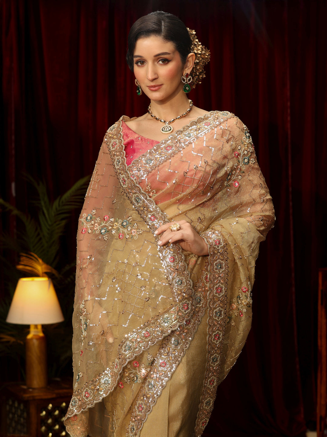 Libas Art Golden Chevron Embellished Tissue Saree