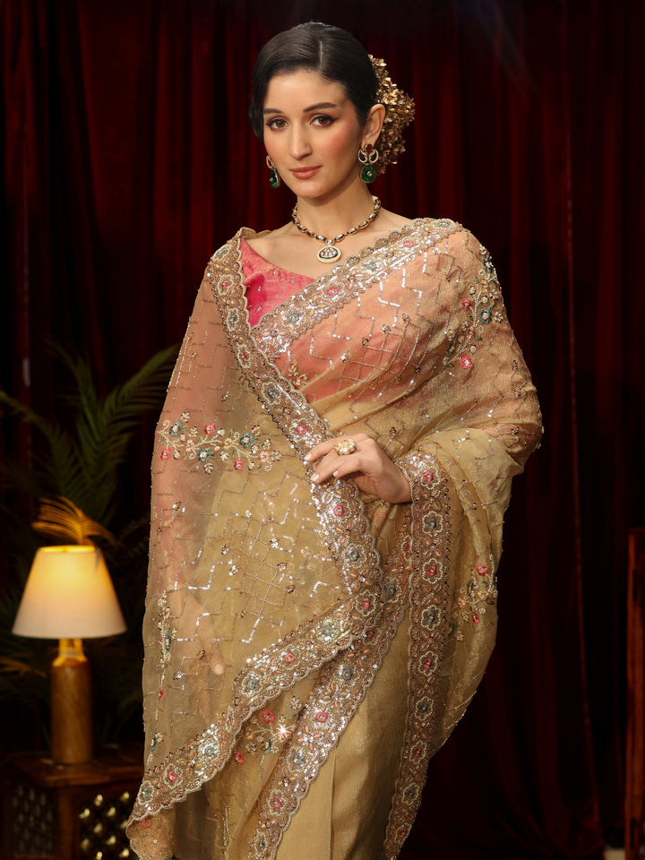 Libas Art Golden Chevron Embellished Tissue Saree