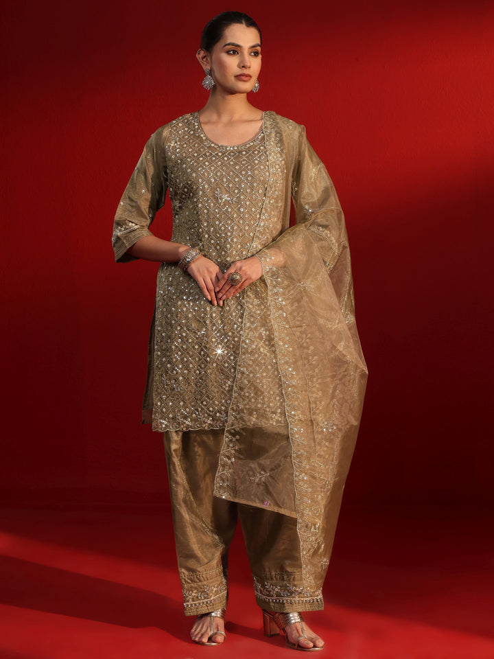Libas Art Golden Embellished Organza Farshi Salwar Suit