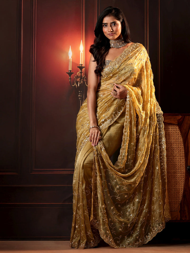 Libas Art Golden Embellished Organza Saree
