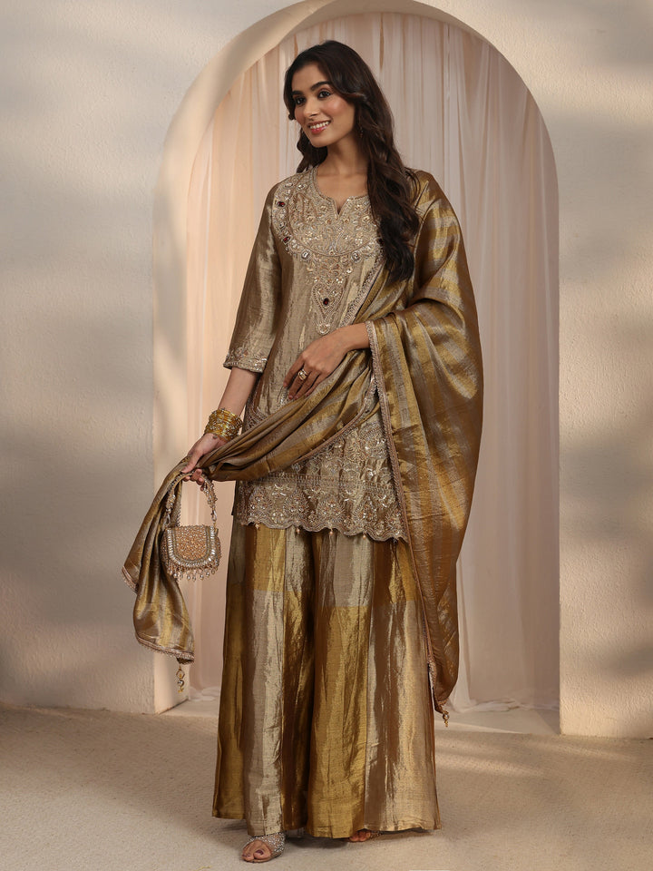 Libas Art Golden Embellished Silk Blend Palazzo Suit Set
