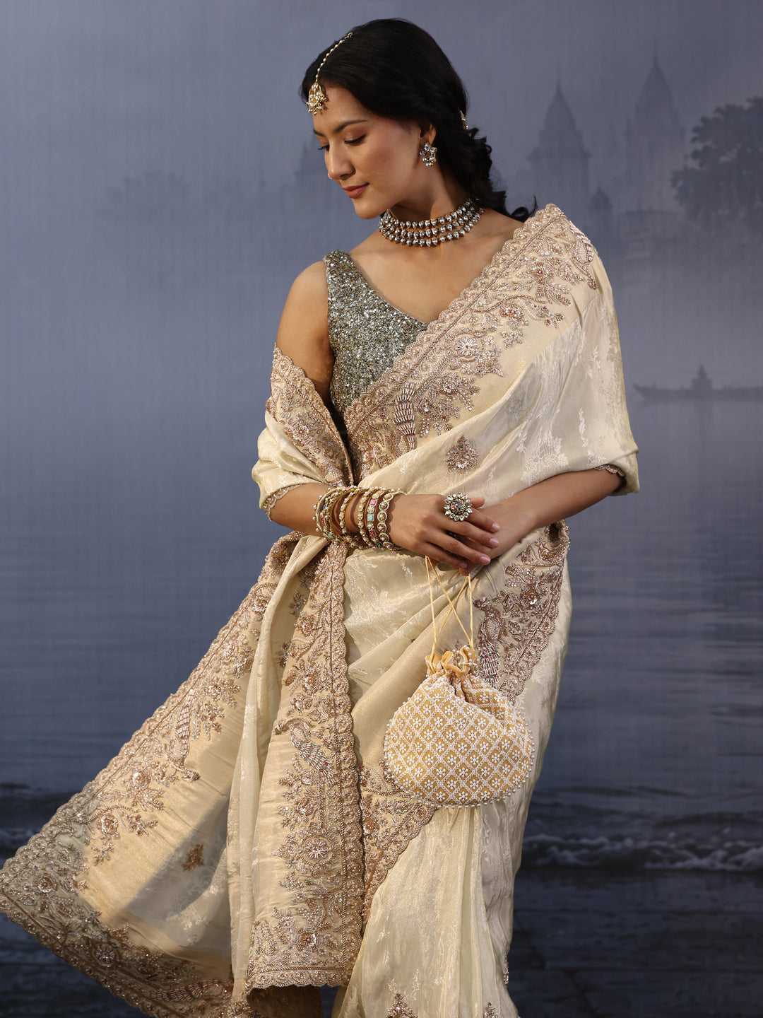Libas Art Golden Embellished Silk Blend Saree