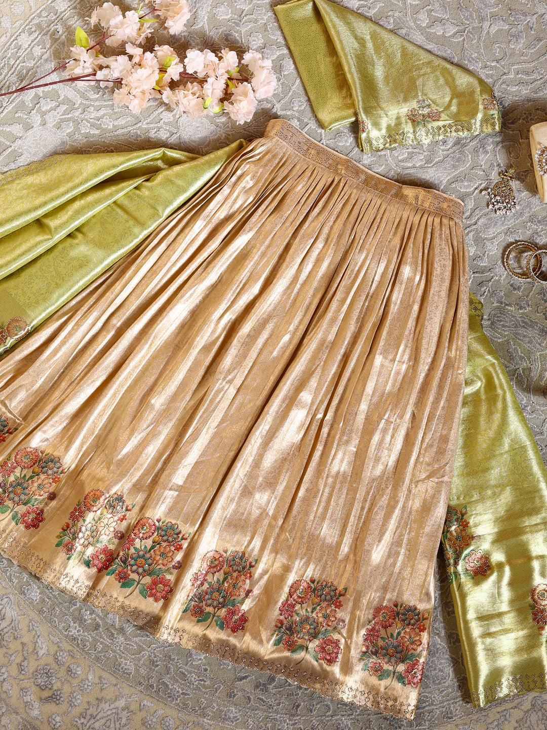 Libas Art Golden Embroidered Silk Blend Semi-Stitched Lehenga Choli