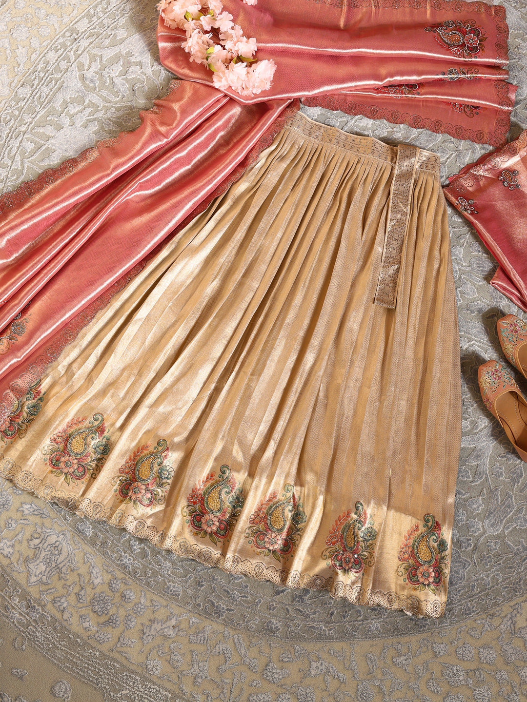 Libas Art Golden Embroidered Hem Silk Blend Unstitched Lehenga Set