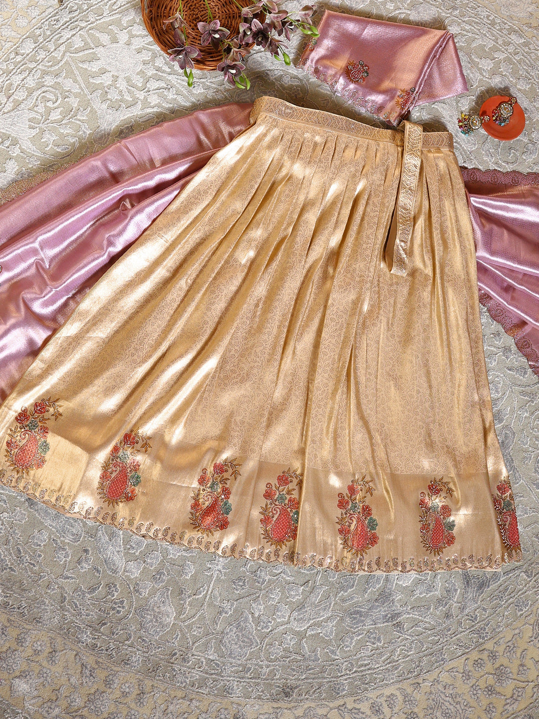 Libas Art Golden Embroidered Hem Silk Blend Unstitched Lehenga Set