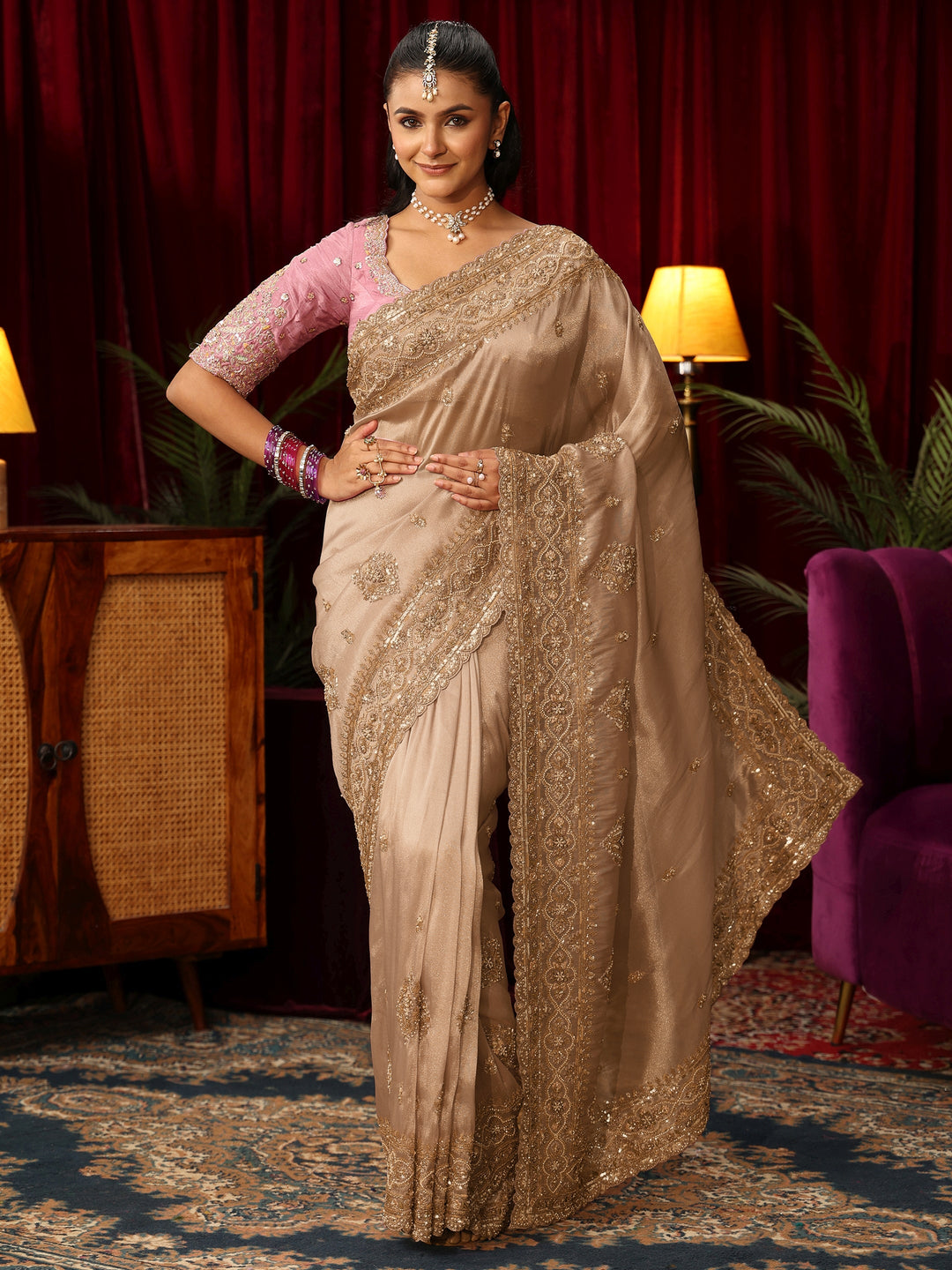 Libas Art Golden Floral Bead and Sequin Embellished Tissue Saree