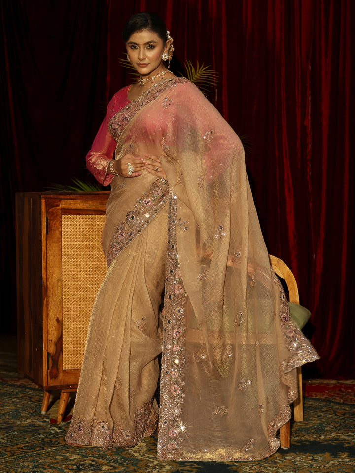 Libas Art Golden Floral Embellished Organza Saree