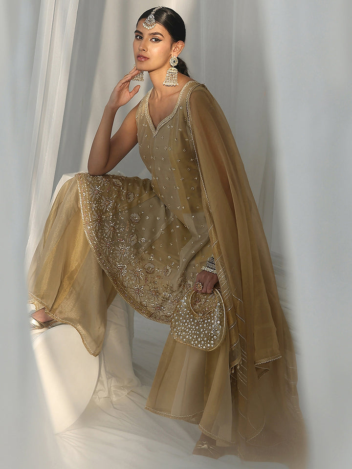 Libas Art Golden Floral Embellished Sleeveless Tissue Sharara Suit Set