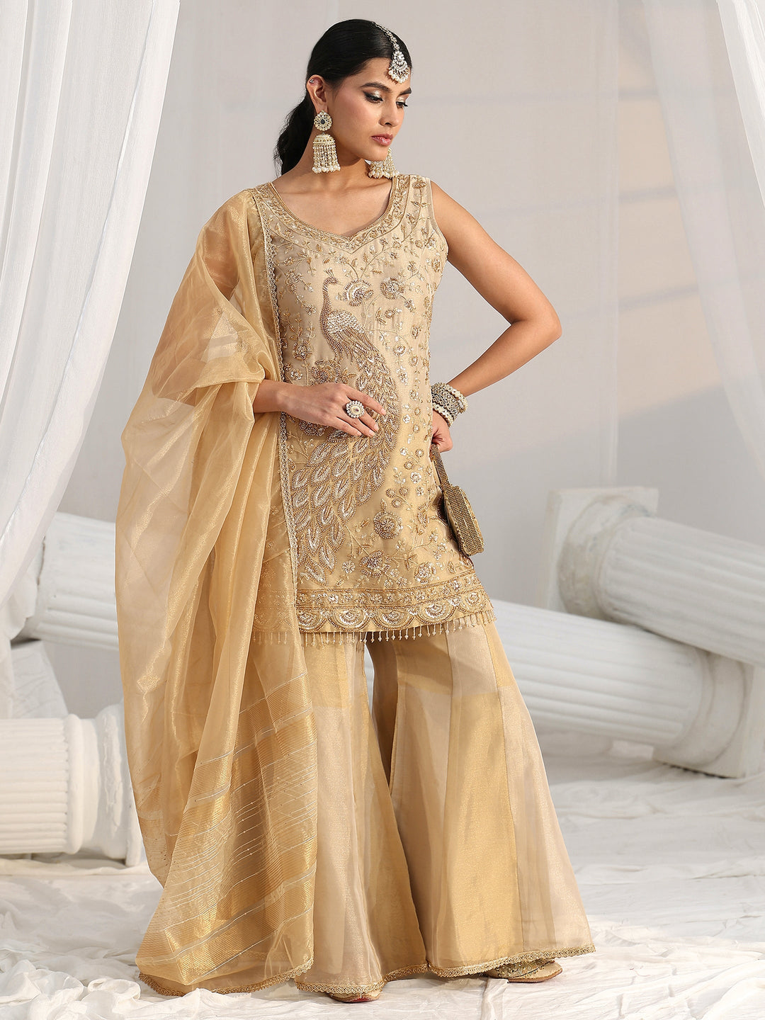 Libas Art Golden Floral Embellished Sleeveless Tissue Sharara Suit Set