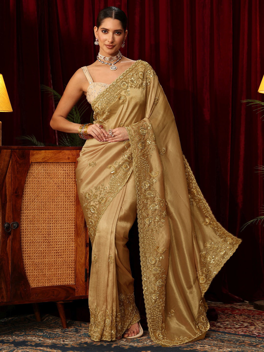 Libas Art Golden Floral Embellished Tissue Saree