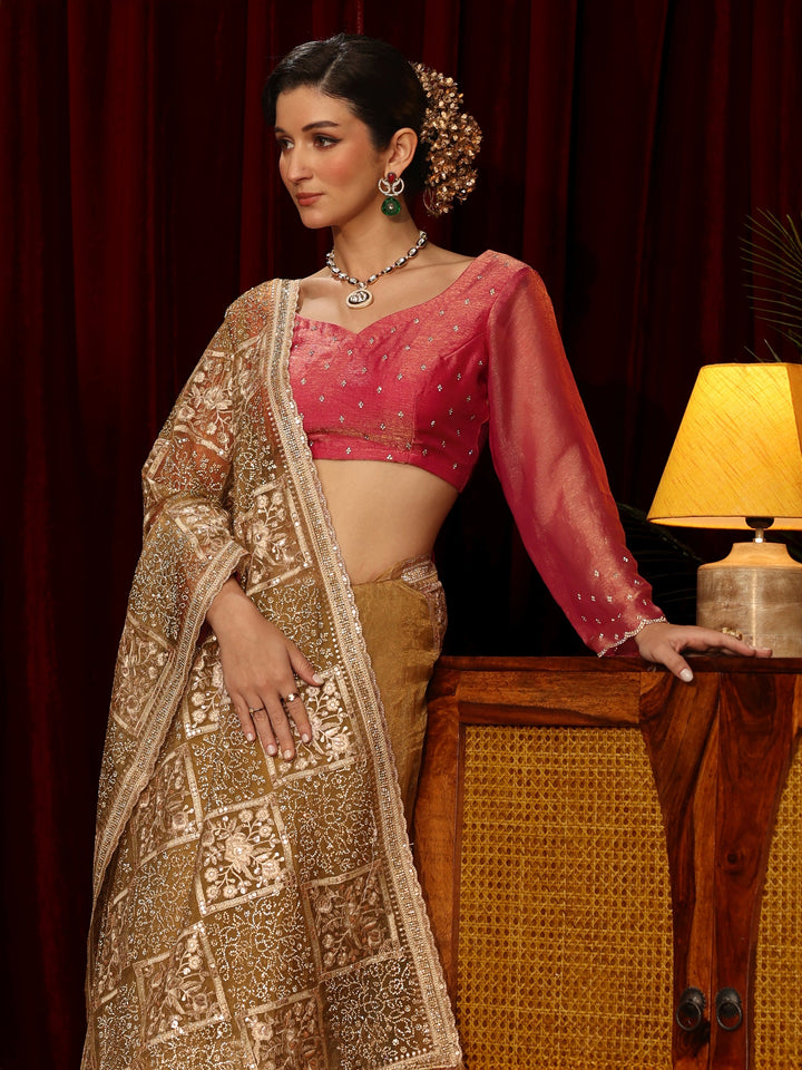 Libas Art Golden Floral Embellished Tissue Saree