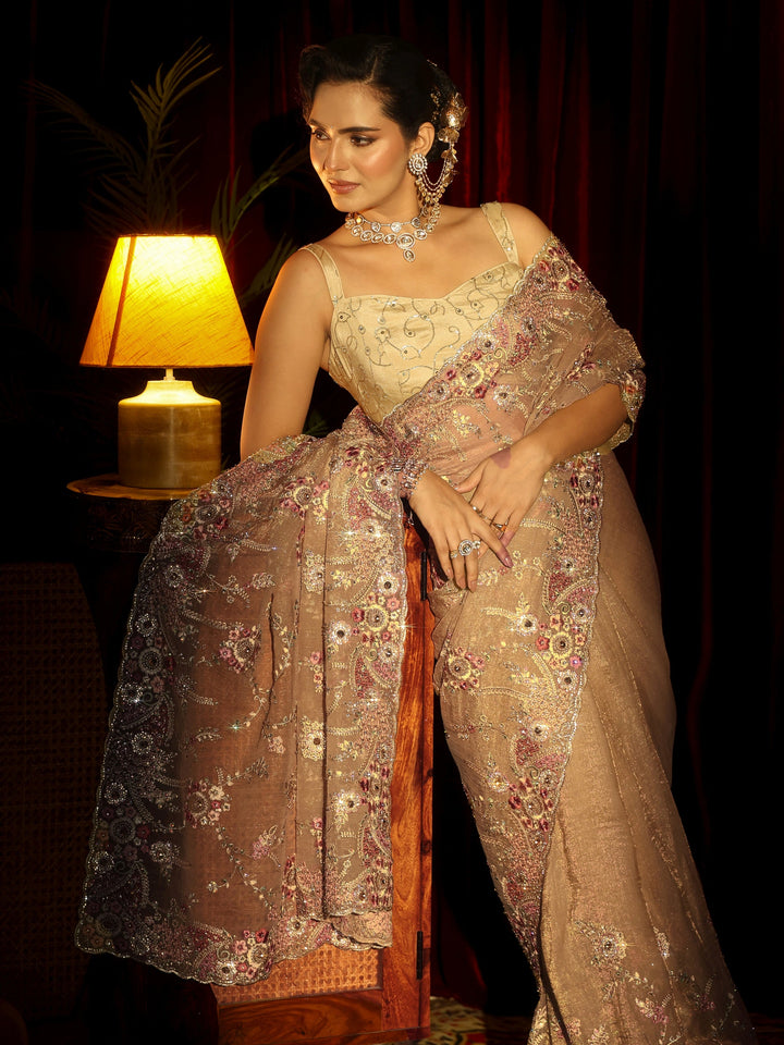 Libas Art Golden Floral Embroidered Tissue Saree
