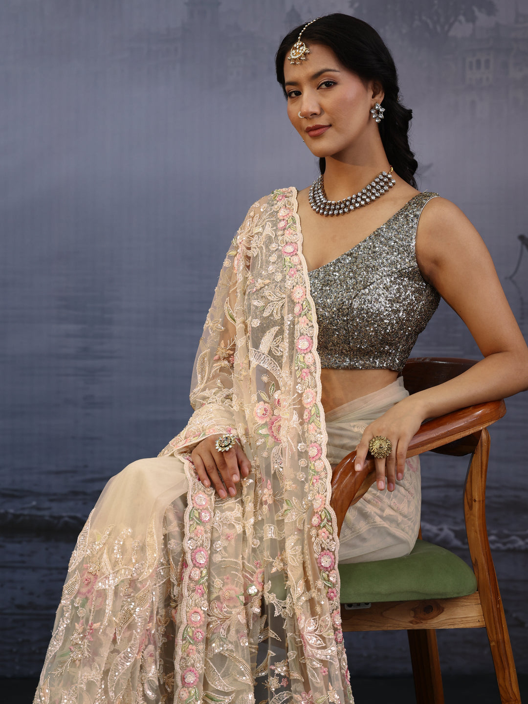 Libas Art Golden Floral Sequin Embellished Net Saree