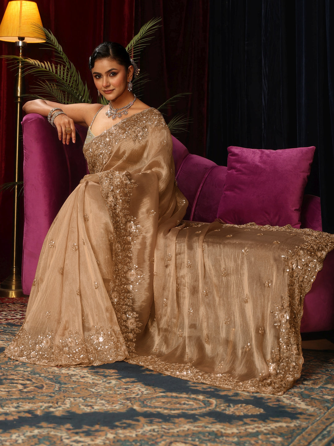 Libas Art Golden Floral Sequin Embellished Tissue Saree