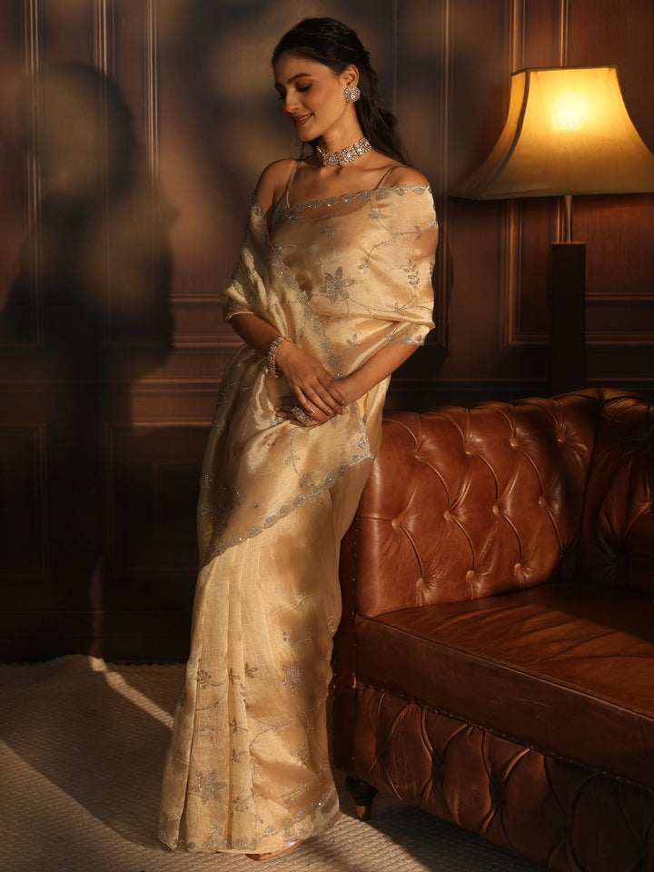 Libas Art Golden Floral Stone Work Embellished Tissue Saree