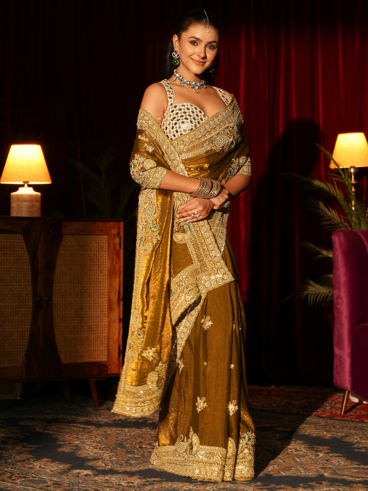 Libas Art Golden Mustard Tissue Saree with Embellished Peacock Border