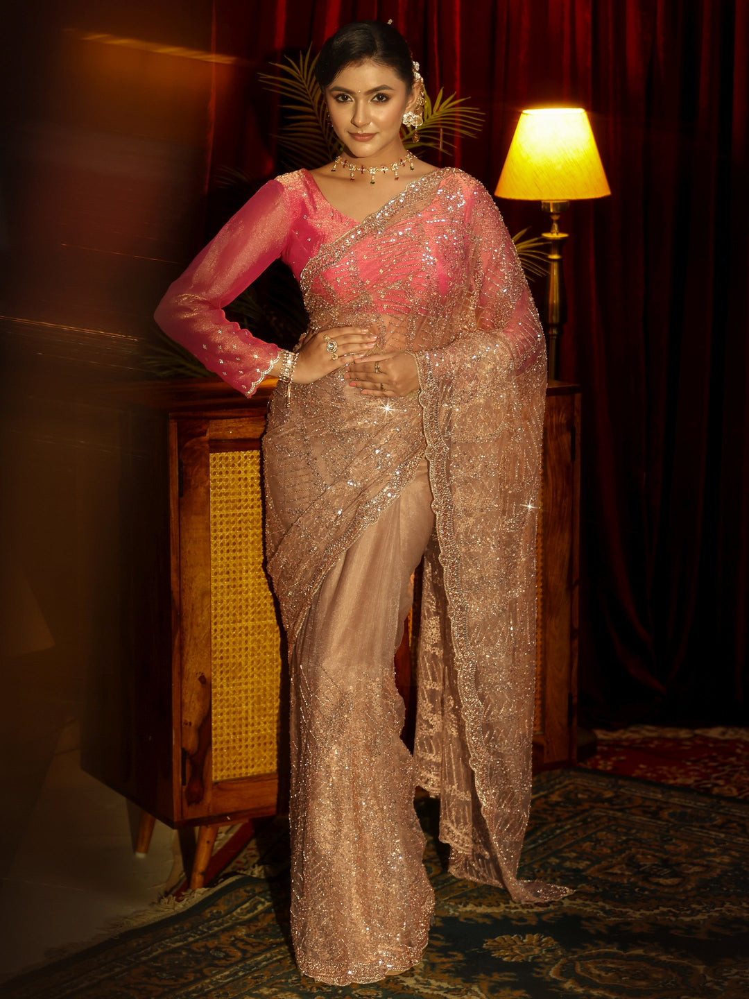 Libas Art Golden Sequin Embellished Net Saree