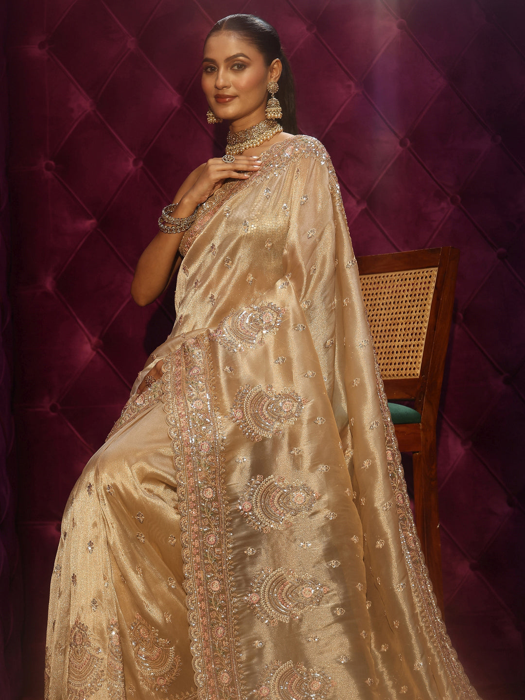 Libas Art Golden Sequin Embellished Tissue Saree