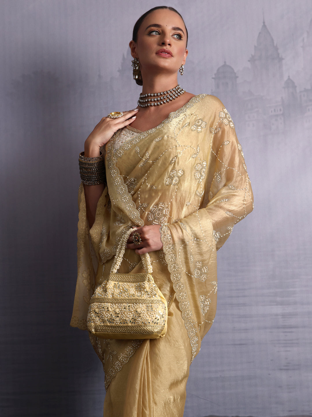 Libas Art Golden Stone Work Embellished Tissue Saree