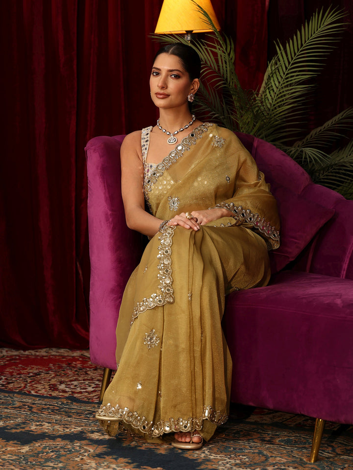 Libas Art Golden Tisssue Saree with Mirror Work Floral Embellishments