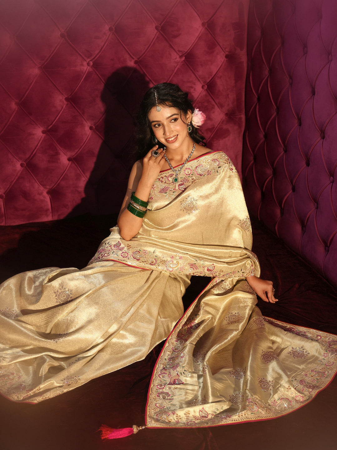 Libas Art Golden Woven Design Silk Blend Saree with Embroidered Border
